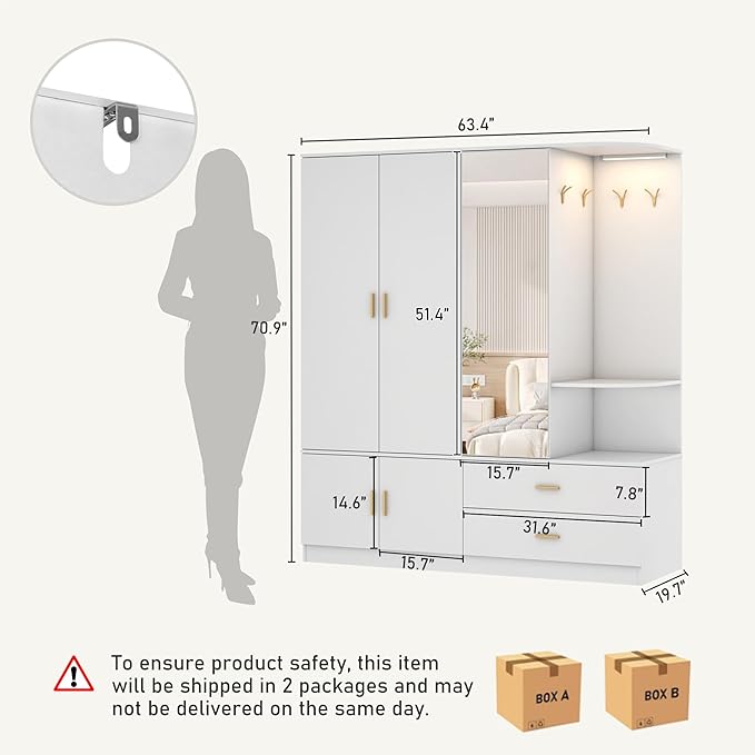 XVD Armoire Wardrobe Closet with Mirror & Sensor Light, Bedroom Armoire with 5 Doors & 2 Drawers, Modern Wooden Large Wardrobe Closet with Shelves, 4 Hooks, 2 Hanging Roods, Open Space, White
