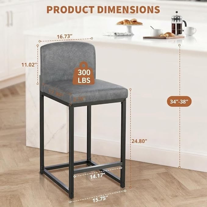 GarveeHome Bar Stools Set of 6, Modern Counter Height Bar Stools with Back and Footrest, Faux Leather Upholstered Barstools Chairs for Kitchen Island Dining Room Bar, Grey