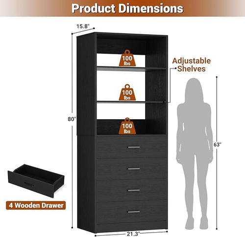 Aheaplus Closet Drawers System, 21.3" Wood Closet Organizer System with 4 Drawers, Modular Walk-in Closet System Storage Unit, Small Closets Wardrobe Rack, Tall Storage Cabinet Unit, Black