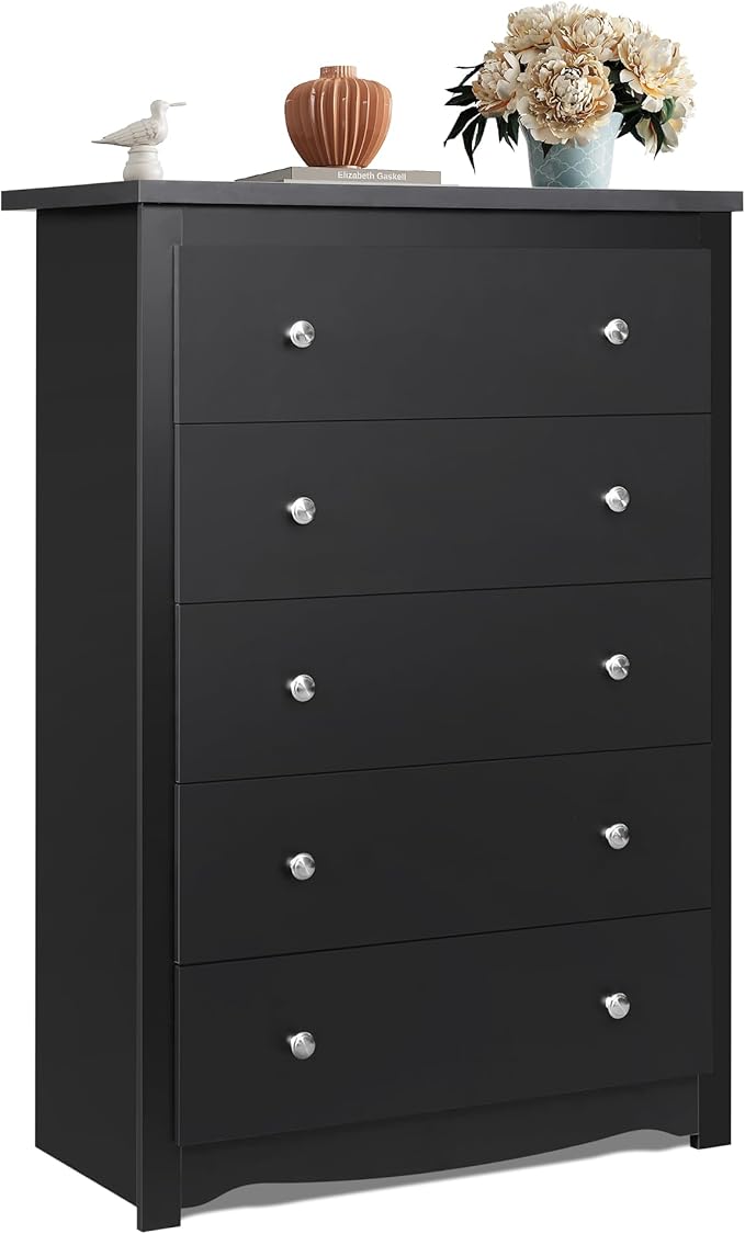WLIVE Wooden Dresser with 5 Drawers, 45" Tall Black Dresser for Bedroom, Chest of Drawers, Storage Cabinet and Organizer Drawers for Living Room, Hallway, Closet