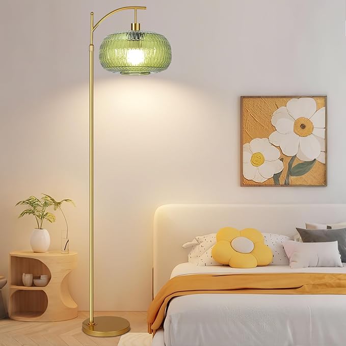 QIYIZM Glass Floor Lamp for Living Room,Bedroom,Gold Dimmable Standing Lamp with Remote,Green Mid Century Modern Brass Vintage Tall Lamp Floor Lamps Arc Boho Floor Light Lamp Bohemian
