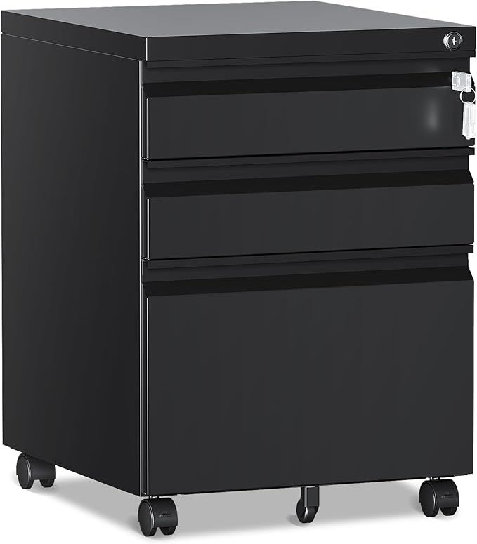 RAVIGIN 3 Drawer File Cabinet，Mobile Filing Cabinet with Lock and Wheels，Un-Assembled Metal Under Desk File Cabinets for A4/Letter/Legal Size（Black