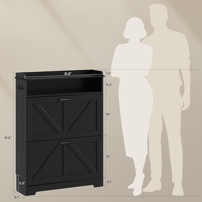 Shoe Cabinet Organizer with 2 Flip Drawers, Farmhouse Narrow Shoe Cabinet with 2 Adjustable Shelves & 2 Hooks, Shoe cabinet storage for entryway, Foyer, Hallway, Black, 31.5"W x 8.7"D x 41.7"H