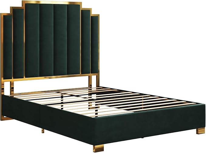 AMERLIFE Queen Size Upholstered Bed, Modern Velvet Bed Frame with 61.4” Tall Gold Trim Headboard, No Box Spring Needed, Green