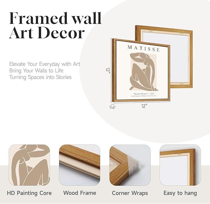 Framed Abstract Wall Art, Set of 4 Piece Modern Beige Canvas Picture Artworks Decor, Matisse Minimalist Neutral Painting Prints for Living Room Bedroom Cabinet and Dining Room