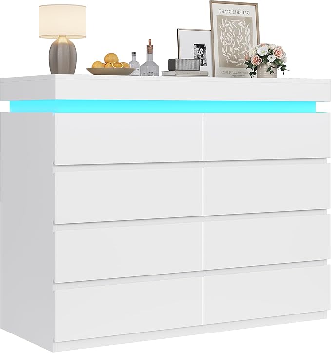 HAUOMS 8 Drawer Dresser with LED Light, White Modern Chest of Drawers for Bedroom,Closet Dressers with Drawers for Living Room, Entryway, Hallway