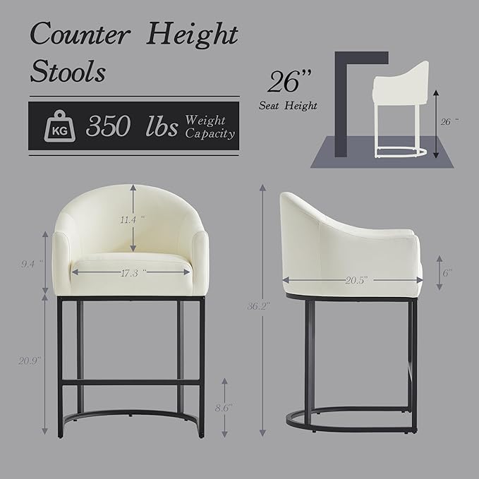 26" Modern Counter Height Bar Stools,Barstools with Arms,Kitchen Island Chairs,PU Leather Upholstered Barrel Bar Stools with Backs,Metal Black Frames,Beige White Leather