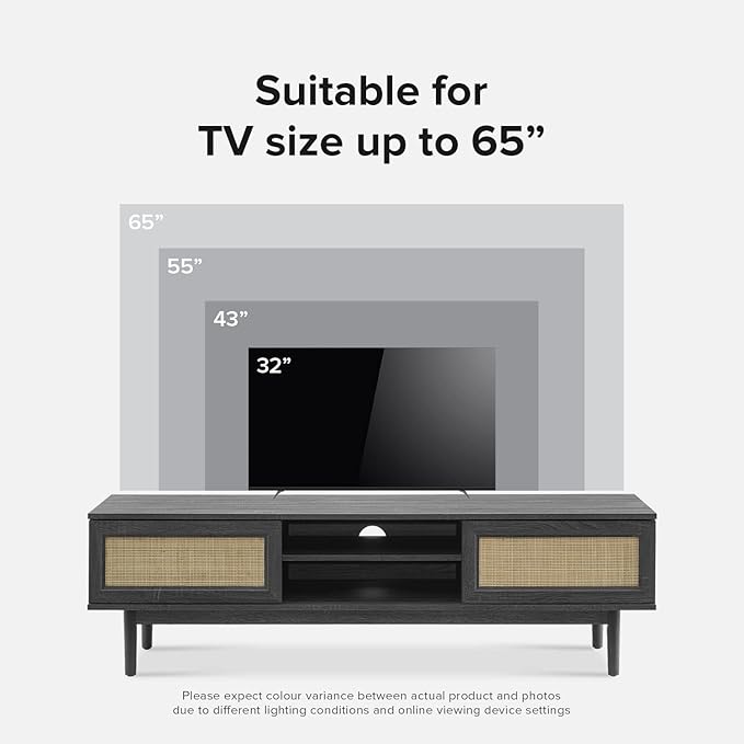 mopio Haylee TV Stand, Modern Farmhouse Television Stand for 55/60/65 inch TV, Natural Rattan Boho Entertainment Center with Storage, Media Console Credenza Table for Living Room, Bedroom (Black 59")