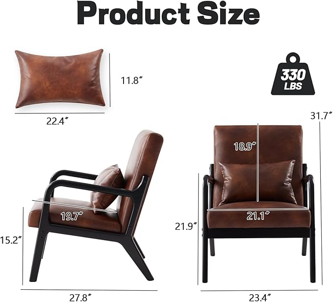 Achicsofar Accent Chair Mid Century Modern Armchair with Lumbar Support Pillow Wood Legs PU Leather Upholstered Lounge Chairs Comfy High Back Cushion for Living Room Bedroom