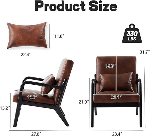 Achicsofar Accent Chair Mid Century Modern Armchair with Lumbar Support Pillow Wood Legs PU Leather Upholstered Lounge Chairs Comfy High Back Cushion for Living Room Bedroom