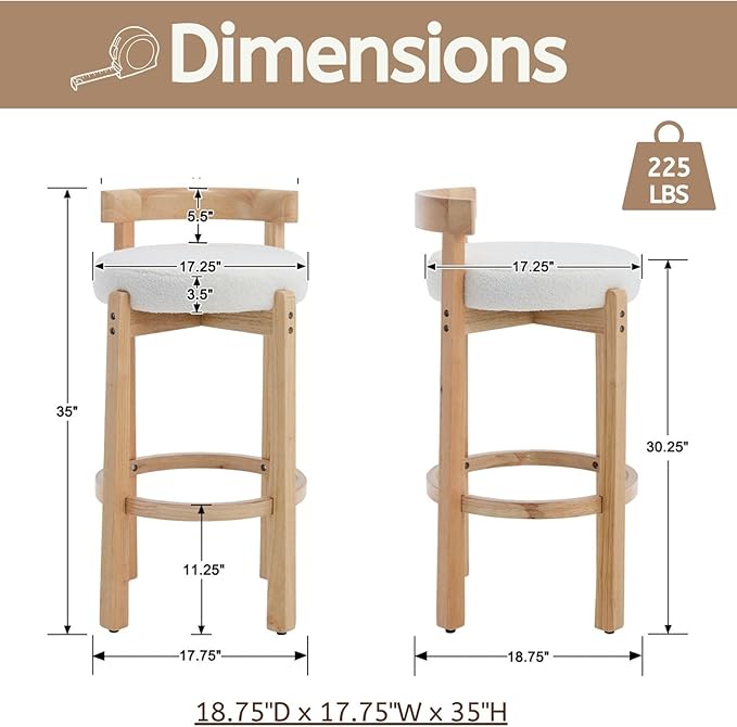 LukeAlon Mid Century Sherpa Bar Stools Set of 4, 30.25" Seat Height Upholstered Barstools with Wood Legs Modern Tall Bar Chair with Curved Low Back Round Footrest for Pub Home Kitchen Island, White
