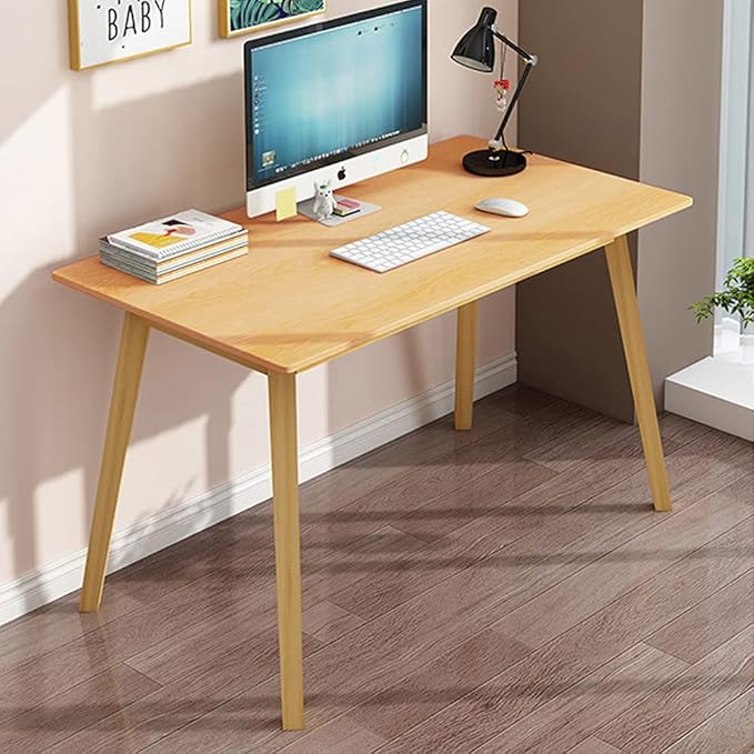 IOTXY Simple Wooden Writing Desk - Modern Minimalist Style PC Laptop Computer Workbench with Solid Wood Legs, 55" W Home Office Work Table for TV Stand Music Video Live Broadcast Workstation, Walnut