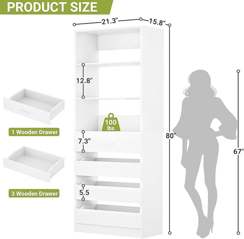 Aheaplus 21.3" Closet System with 4 Drawers, Wood Closet Organizer with Open Shelves, Modular Drawers System Tower, Walk-in Closets Small Wardrobe Rack, Tall Storage Cabinet Unit, White