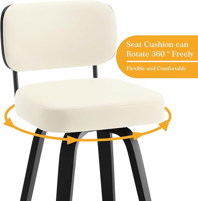 Bekrvio Swivel Bar Height Stools Set of 4, Upholstered Faux Leather Barstools with Back, 29" Seat Height Tall Bar Stools for Kitchen Counter, Black Wood Frame, Cream White