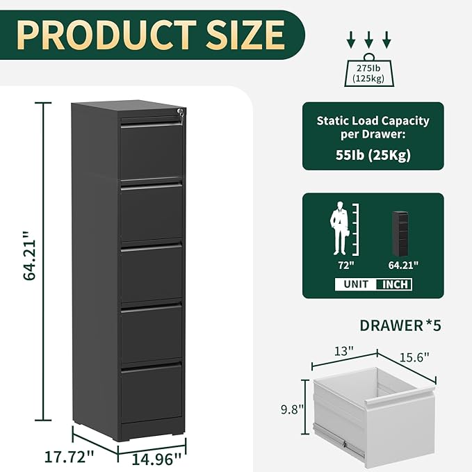 5 Drawer File Cabinet with Lock, Metal Vertical File Cabinets for Home Office, Office Furniture for Organization Hanging Legal/Letter/A4, Office File Cabinet Storage Cabinet, Require Assembly, Black