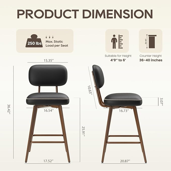 MALOL 26“ Swivel Bar Stools Set of 3, Mid Century PU Leather Counter Height Bar Chairs with Low Back and Metal Legs, Modern Bar Stool Chair for Kitchen Island, Black