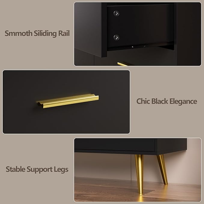 CARPETNAL Black Dresser for Bedroom, 6 Drawer Dresser with Wide Drawers and Gold Metal Handles, Wood Dressers & Chest of Hallway, Entryway.
