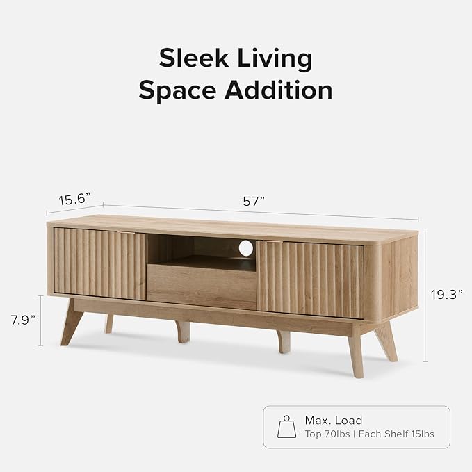 mopio Brooklyn Mid-Century Modern TV Stand, for TVs up to 50” / 59" Waveform Panel, Sleek Curved Profile with Adjustable Shelf and Sturdy Box Frame Leg (Golden Oak, 57")