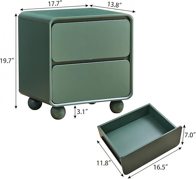 Small Night Stand Set of 2, Mid Century Modern Nightstands with 2 Drawers and Solid Wood Legs, 2 Drawer Dresser Curved Profile Design End Table Side Table for Small Space, Dorm, Bedroom(Green)