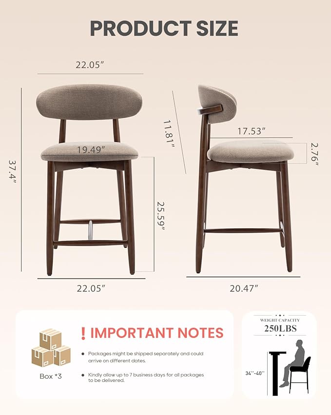 Bar Stools Set of 6, 25.6″ Counter Height Bar Stools with Wood Legs, Upholstered Modern Kitchen Barstools for Kitchen Island Dining Room Bar, Camel