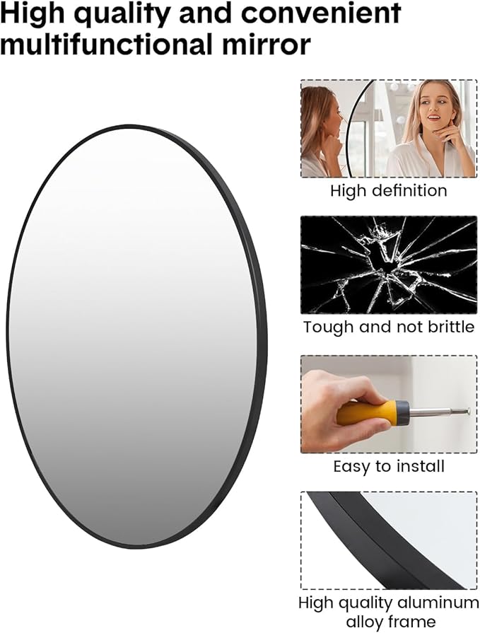 GarveeTech 20 Inch Black Circle Wall Mirror, Modern Round Metal Framed Mirror for Bathroom, Entryway, Living Room, Bedroom, Dining Room, Hallway, Decorative Home Décor, Easy Mount