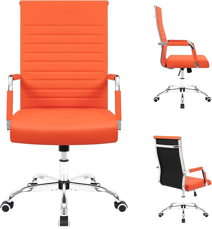 Furmax Ergonomic Office Desk Chair, Executive Ribbed Mid-Back PU Leather Conference Room Chair Adjustable Swivel Chair with Arms (2, Orange)