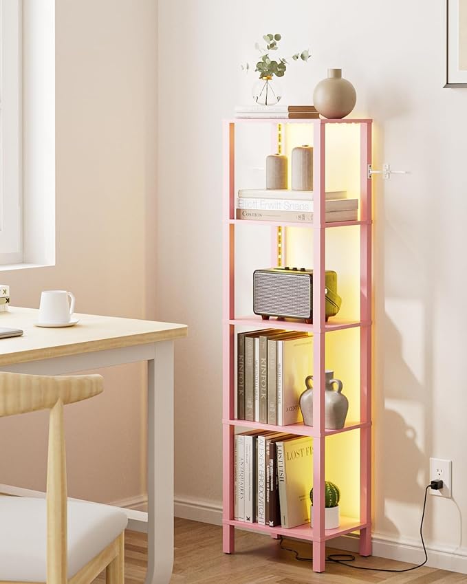 Open Book Shelf with LED Lights, 5 Tier Tall Bookshelf, Freestanding Shelf Narrow Bookcase with Open Shelves, 14.96" x 10.63" x 53.54", Book Shelves for Living Room, Office, Study, Pink