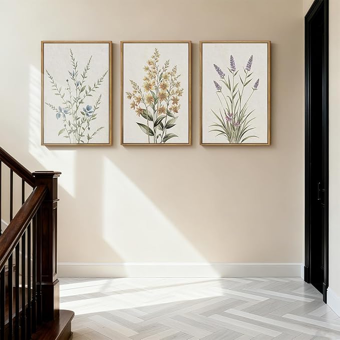 Anyzal Extral Large Botanical Framed Wall Art 24x36 Inch Neutral Floral Canvas Wall Decor Minimalist Beige Wildflower Painting for Living Room Bedroom Dining Room Set of 3