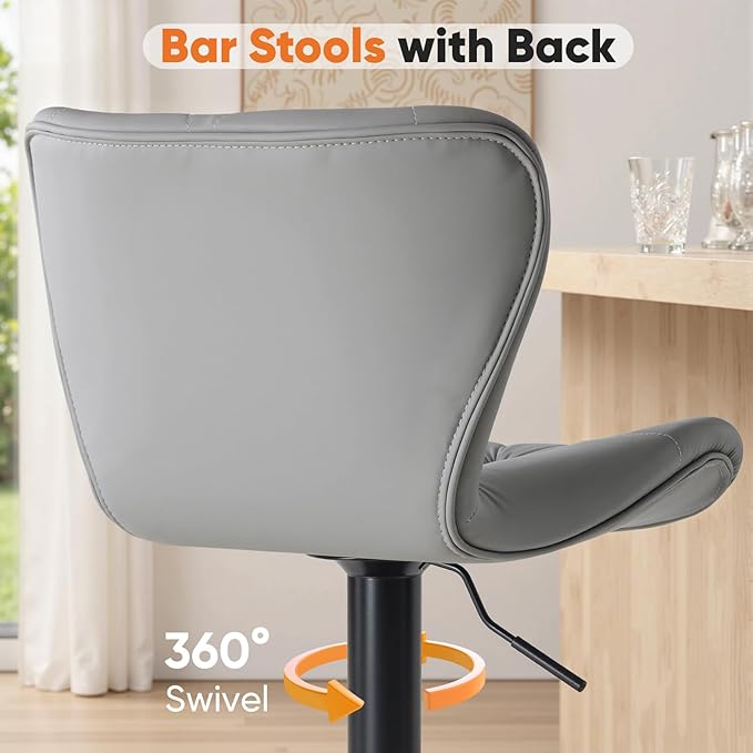 Sweetcrispy Modern Bar Stools Set of 2, Adjustable Faux Leather Upholstered Swivel Bar Stools, Counter Height Bar Chairs with Back for Kitchen Island, Grey