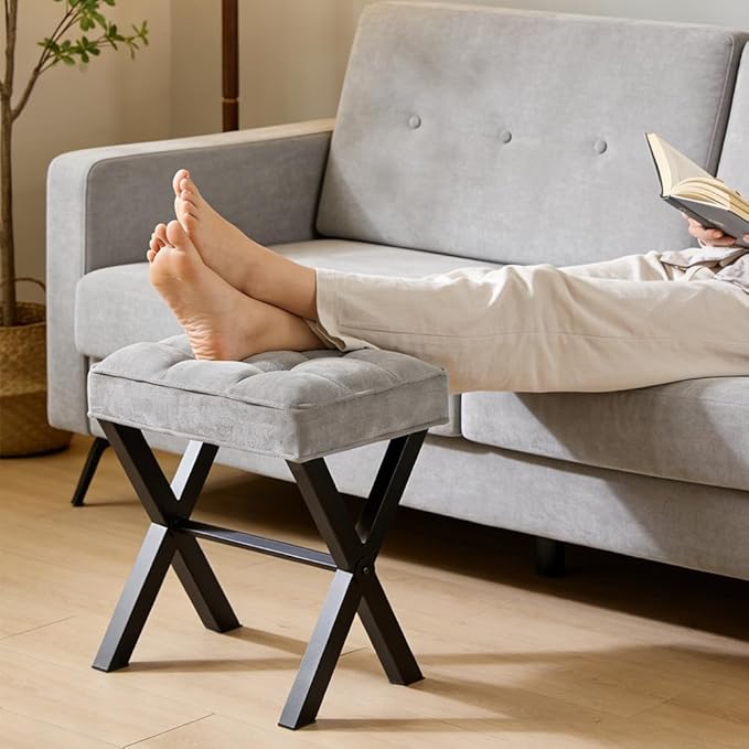 Modern Square Foot Stool Ottoman, Upholstered Vanity Chair with Metal X-Legs & Soft Linen Fabric - Versatile Seat and Footrest for Makeup, Living Room, Bedroom & Entryway (X-LightGray)