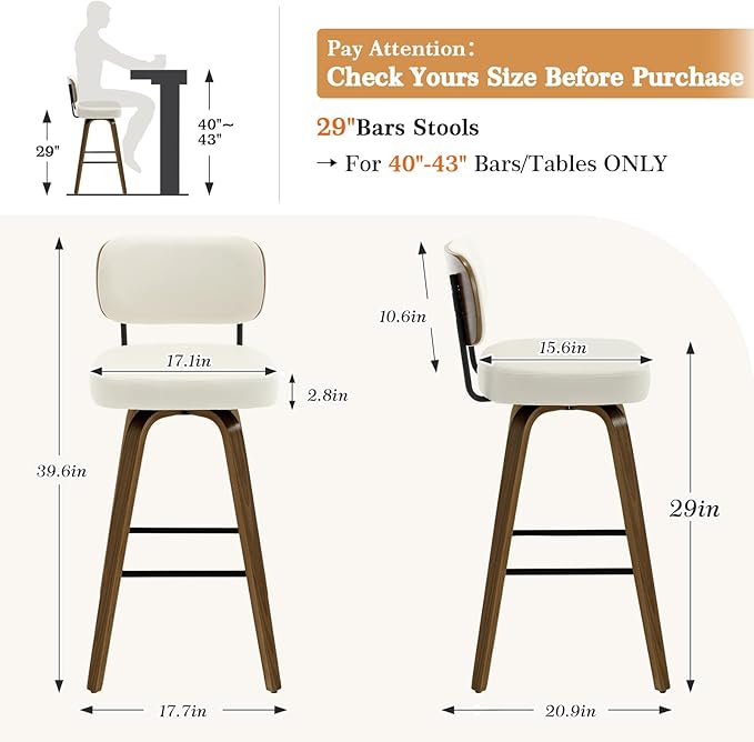 Bekrvio Swivel Bar Stools Set of 4, 29" Upholstered Faux Leather Barstools with Back and Bent Wood Legs, Mid Century Modern Bar Chair Island Stool for Kitchen Counter, Cream White
