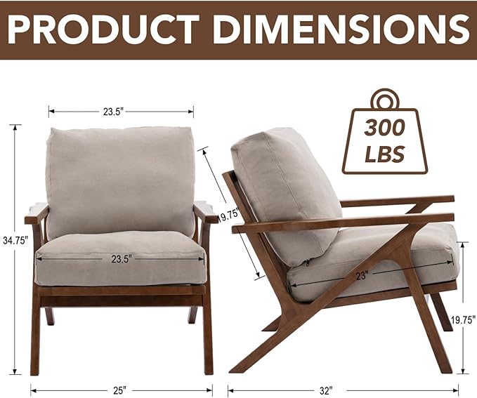 chairus Mid-Century Modern Accent Chair, Comfy Upholstered Lounge Armchair with Removable Cushions & Solid Wood Frame, Reading Chair for Living Room Bedroom Office, Beige Denim Fabric
