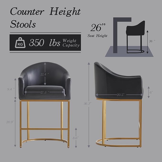 Counter Height Bar Stools Set of 3,Modern Counter Height Bar Stools,PU Leather Upholstered Barrel Barstools with Backs,26'' Kitchen Island Chairs,Metal Gold Frames,Ink Black Leather