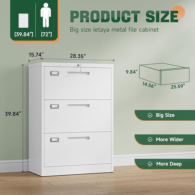 Letaya 3 Drawer File Cabinets with Lock,Metal Lateral Filing Storage Cabinet Printer Stand,White Steel Home Office Cabinet for Hanging Files Letter/Legal/A4 Size (White, H39.84×W28.35×D15.74)