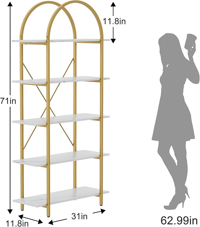 Arbuxzuy Arched Bookshelf 5 Tier Book Shelf, 31.5 Inch Width Industrial Arch Bookcase, Curved Tall Bookshelf with Open Shelves for Home Office, Living Room, Bedroom, Gold