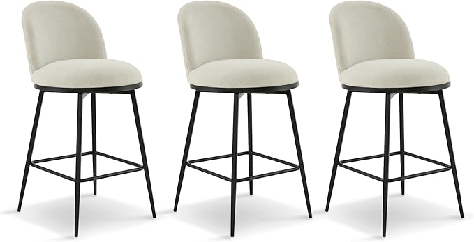 26" Counter Height Swivel Bar Stools Set of 3, Upholstered Linen Fabric Barstools with Backs and Metal Legs for Kitchen Island,Linen