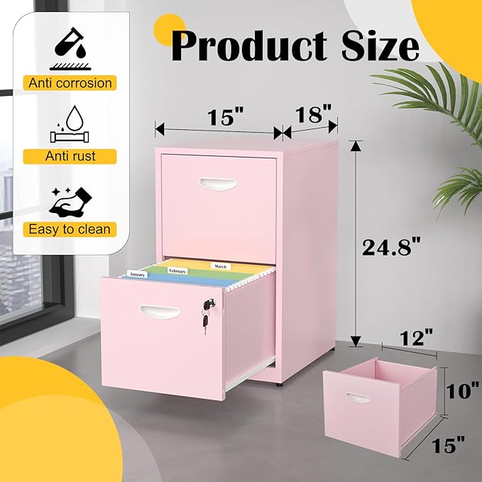 SteeLoong 2 Drawer File Cabinet with Lock,Pink Metal Office Drawers Filing Cabinets for Home Office, Two Drawer Under Desk File Cabinet for Hanging Letter,Easy Assemble