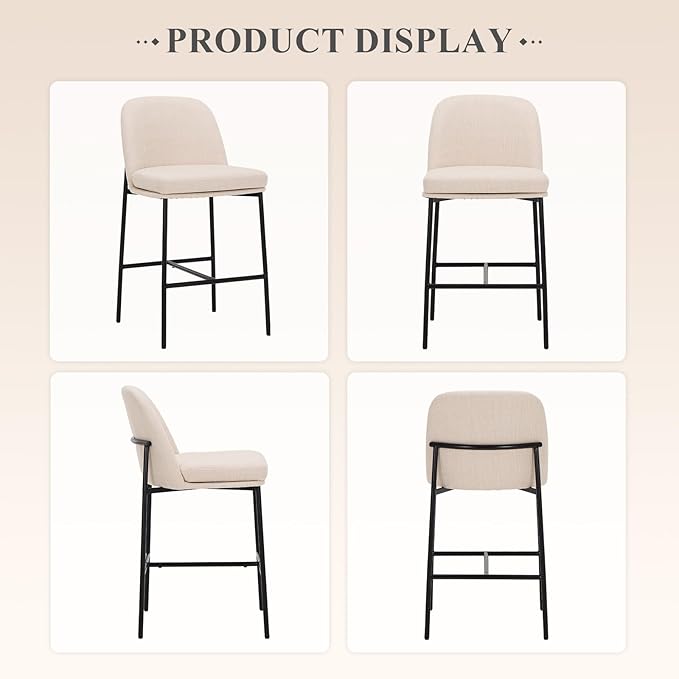 COLAMY Counter Height Bar Stools Set of 2, 25 Inch Modern Fabric Kitchen Island Stools with Back, Upholstered Counter Barstools Armless Bar Chairs with Metal Legs for Island Dining Room Bar,Beige
