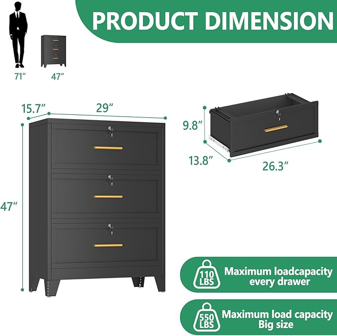 Metal Lateral File Cabinet with Lock,3 Drawer Steel Wide Filing Organization Storage Cabinets,Office Filing Cabinet for Legal/Letter/A4/F4 Size with Hanging Files&Key,Lockable Cabinets for Home Office