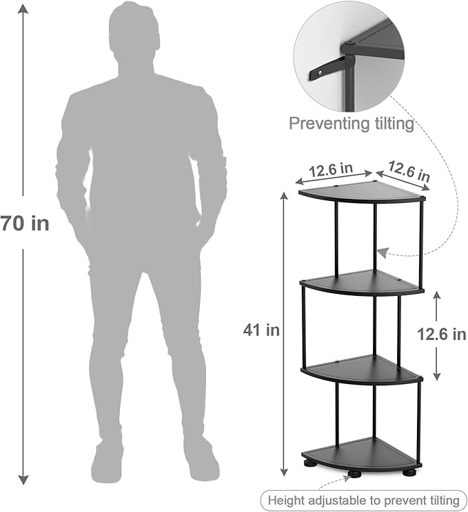 haomsj Metal Corner Shelf Stand 4 Tier 41",Sturdy Baking Paint Process Corner Shelves Display Shelf for Living Room Decor,Wall Corner Bookshelf Office Small Space (Black)