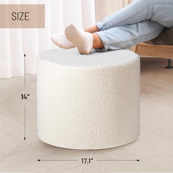 White Round Ottoman Foot Rest Stool – Clean Boucle Fabric Footstool with Soft Foam Filling, Lightweight Modern Pouf for Minimalist Living Room, Bedroom, Office – Pure White