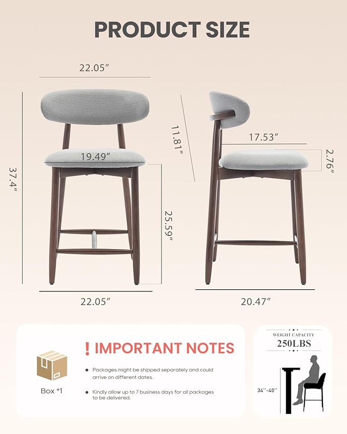 Bar Stools Set of 2, 25.6″ Counter Height Bar Stools with Wood Legs, Upholstered Modern Kitchen Barstools for Kitchen Island Dining Room Bar, Light Grey