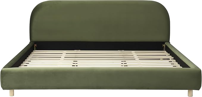 Merax Queen Size Velvet Fabric Upholstered Platform Bed with Curved Shaped Headboard, Wood Bed Frame with Solid Round Legs for Kids Teens Adults, Olive Green