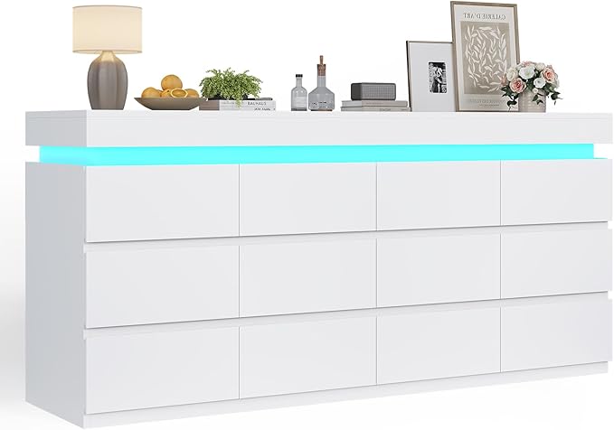 HAUOMS 12 Drawer Dresser with LED Light, White Modern Chest of Drawers for Bedroom,Long Dressers with Drawers for Living Room, Entryway, Hallway