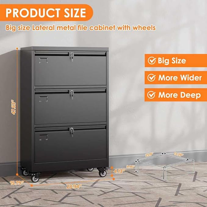 METAN 3 Drawer Lateral File Cabinet on Wheels with Locks, Heavy Duty Metal Rolling Filing Cabinet for Home Office, for Letter, Legal Size Folders, Black, 16" D x 29" W x 47.5" H, Assembly Required
