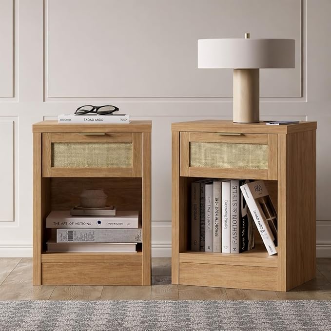 Walsham Night Stand Set 2, Rattan Nightstand with Charging Station, Modern End Table with Drawers, Bed Side Tables Set of 2 for Bedroom Living Room Sofa Couch Office (Weathered Oak)