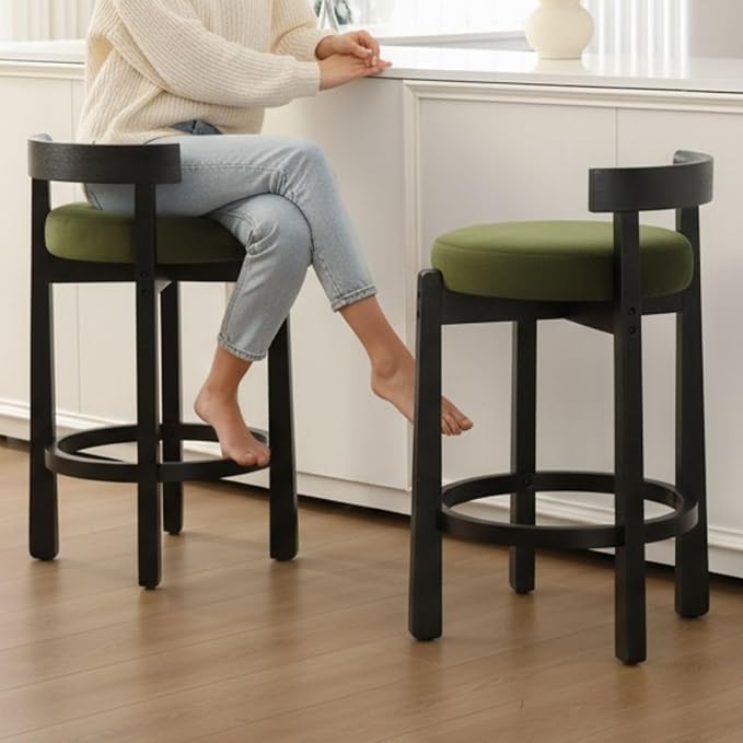 LukeAlon Mid Century Velvet Counter Stools Set of 2, Upholstered 26.5” Seat Height Low Barstools with Black Wood Legs Retro Round Kitchen Stools with Footrest for Dining Room Bar Coffee Shop, Green