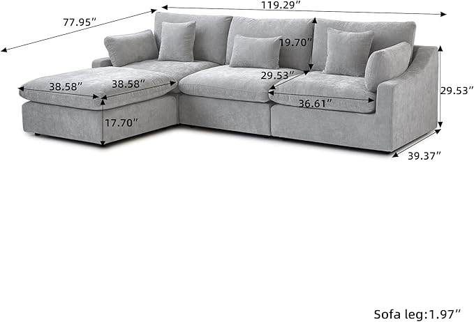 Cloud Sectional Couches for Living Room, L Shaped Sofa with Chaise Ottoman, Modular Couch Deep Seat, Grey Sofa Covers Washable&Removable