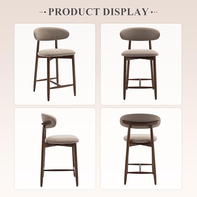 Upholstered Counter Height Bar Stools Set of 6, Kitchen Island Stools with Back, Modern Counter Stools Island Bar Chairs with Wood Legs for Kitchen Island Dining Room Bar, Camel