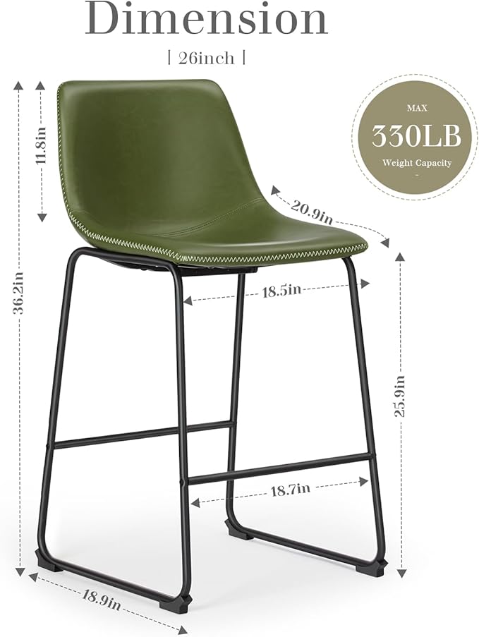 DUMOS 26 Inch Counter Height Bar Stools Set of 2, Modern Faux Leather High Barstools with Back and Metal Leg, Bar Chairs for Kitchen Island, Green